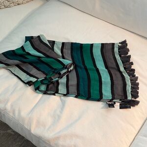 Striped Green and Gray Sheer Women’s Scarf with Tassels NWT
